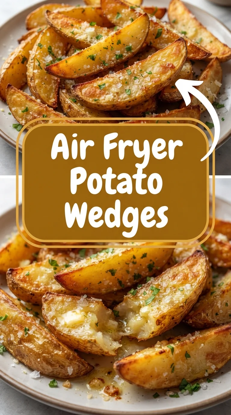 Golden crispy potato wedges sprinkled with parsley on a white plate, showing a crunchy texture.