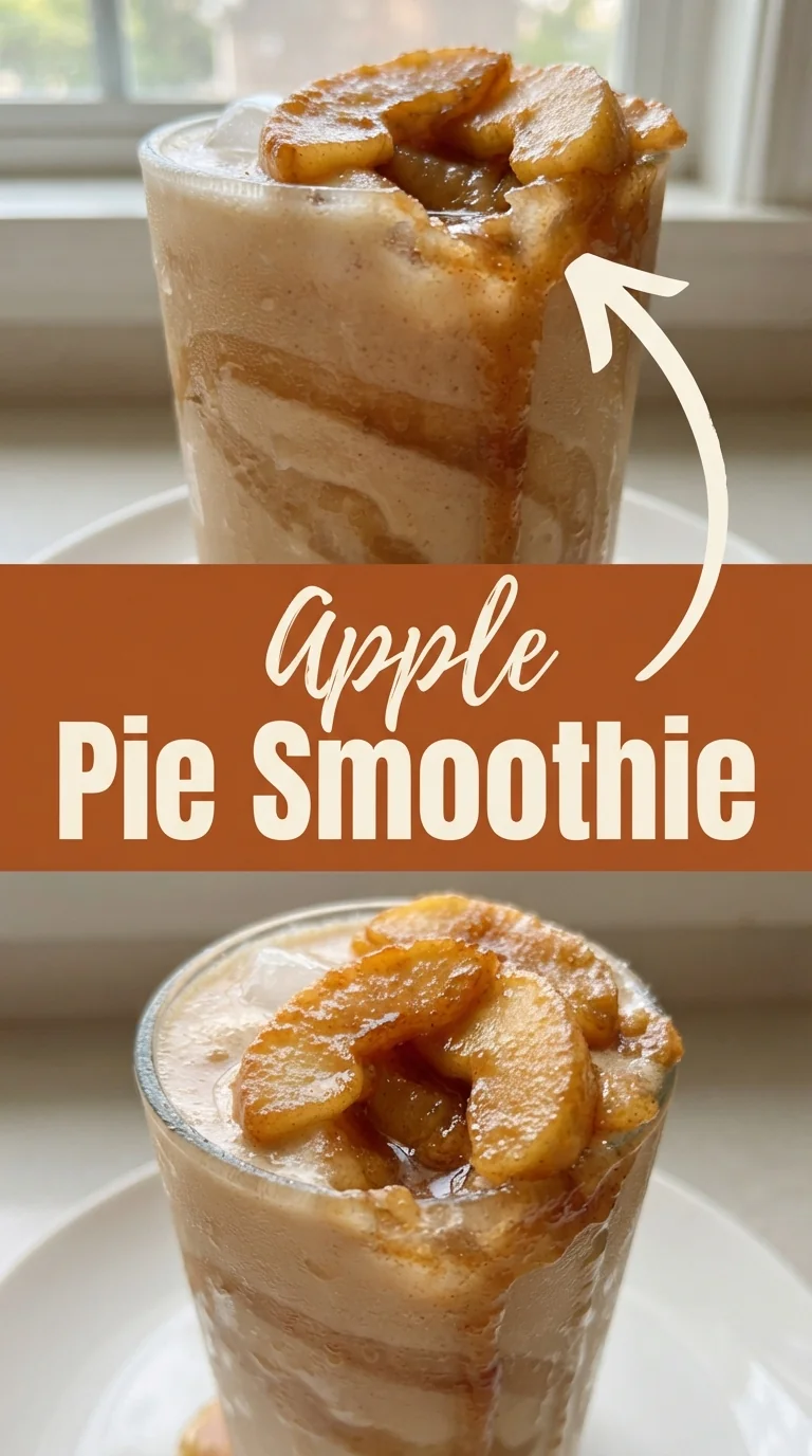 A glass of creamy smoothie topped with a sprinkle of cinnamon, beside sliced apples and a drizzle of maple syrup.
