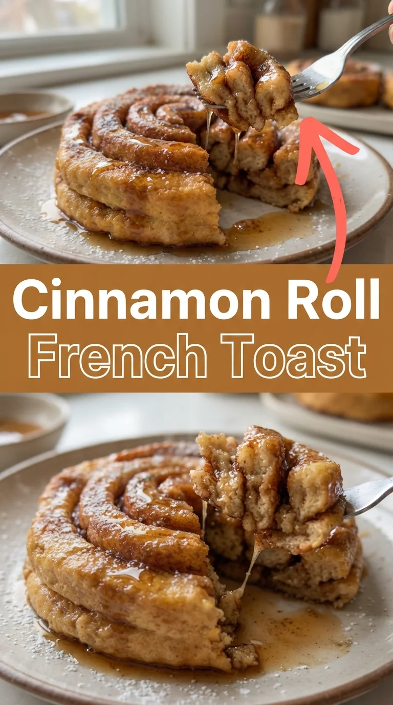 Golden skillet-cooked cinnamon roll French toast topped with maple syrup and cream cheese glaze