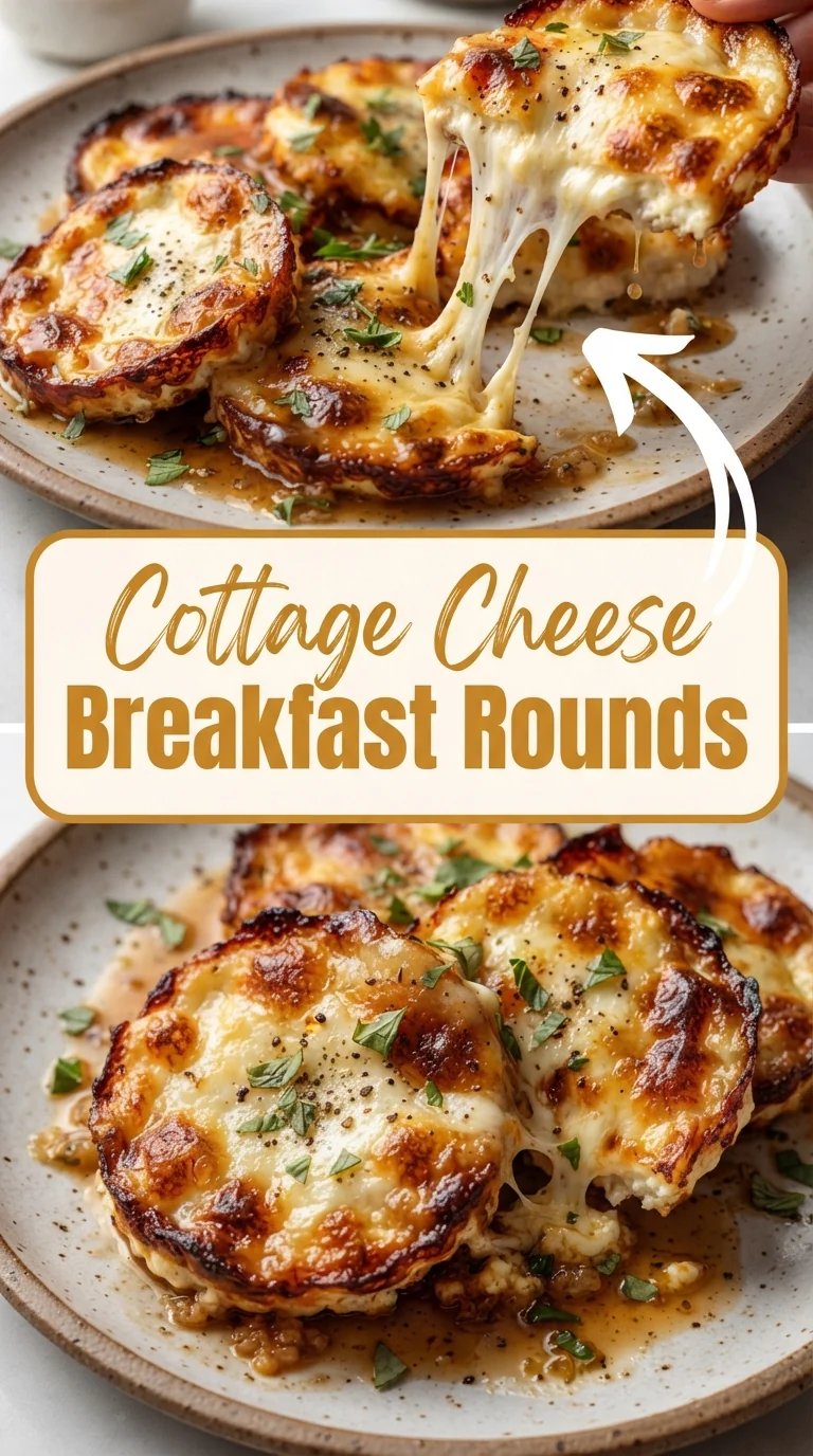 Golden pan‑fried cottage cheese rounds topped with melted cheese and herbs on a skillet
