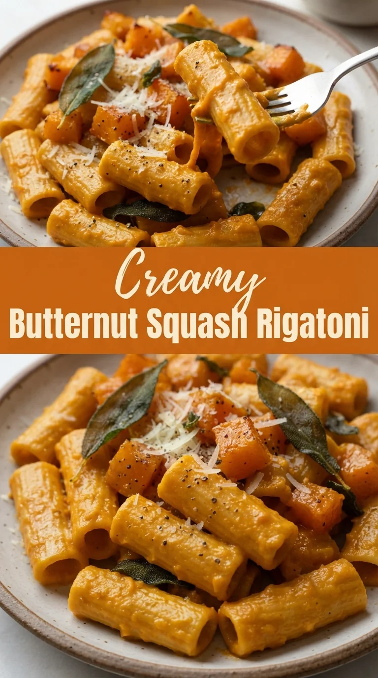Orange rigatoni coated in creamy sauce with sage and parmesan on a rustic plate