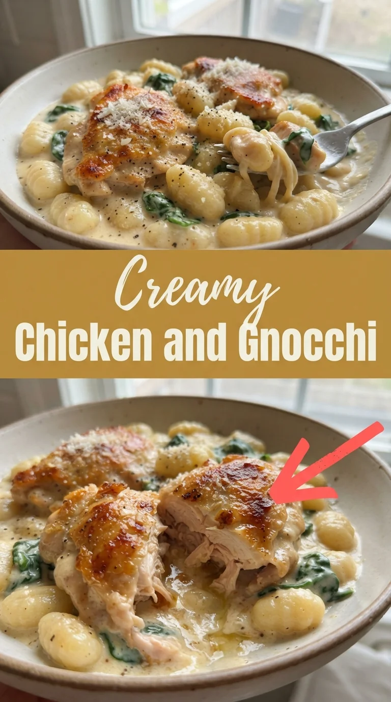 Golden chicken cubes and fluffy gnocchi tossed in a creamy Parmesan sauce, garnished with chopped parsley in a skillet.