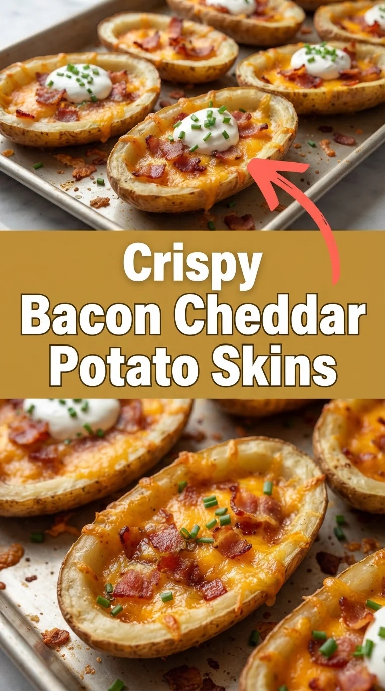 Golden potato skins topped with cheddar, bacon and sour cream