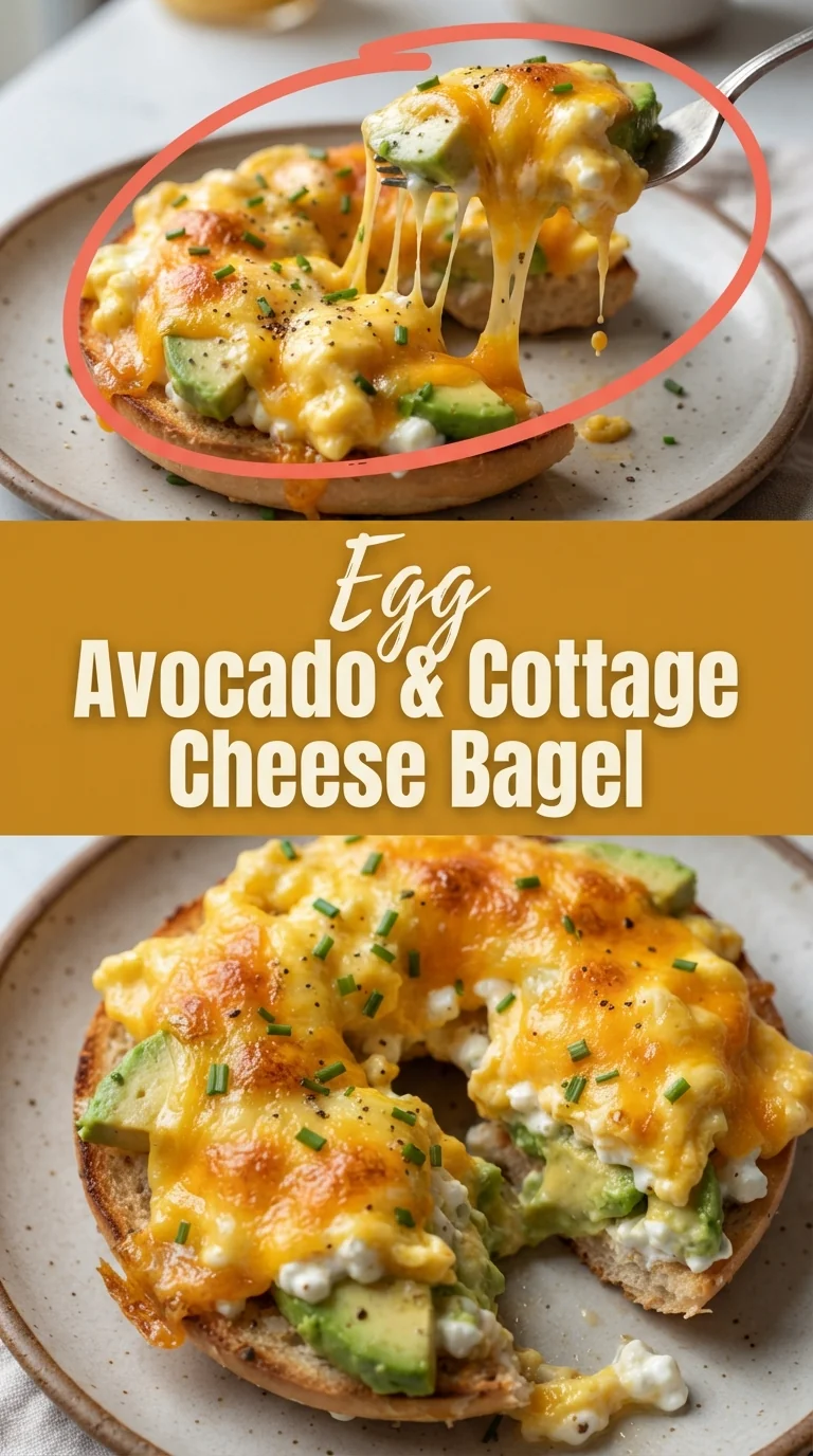 Toasted whole‑grain bagel halves topped with scrambled eggs, sliced avocado, a dollop of cottage cheese, grated cheddar