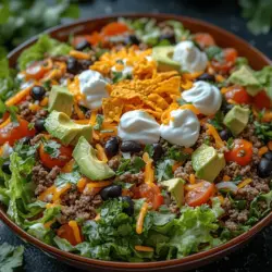 In today’s fast-paced world, the need for quick and flavorful meal options has never been greater. Enter the Crunchy Fiesta Taco Salad, a vibrant and satisfying dish that combines the best of traditional tacos with the freshness of a salad. This delightful recipe not only caters to your taste buds but also offers a nutritious alternative to heavier meals. With layers of colorful ingredients and a burst of flavors, it’s perfect for gatherings, family dinners, or even a solo lunch at home.