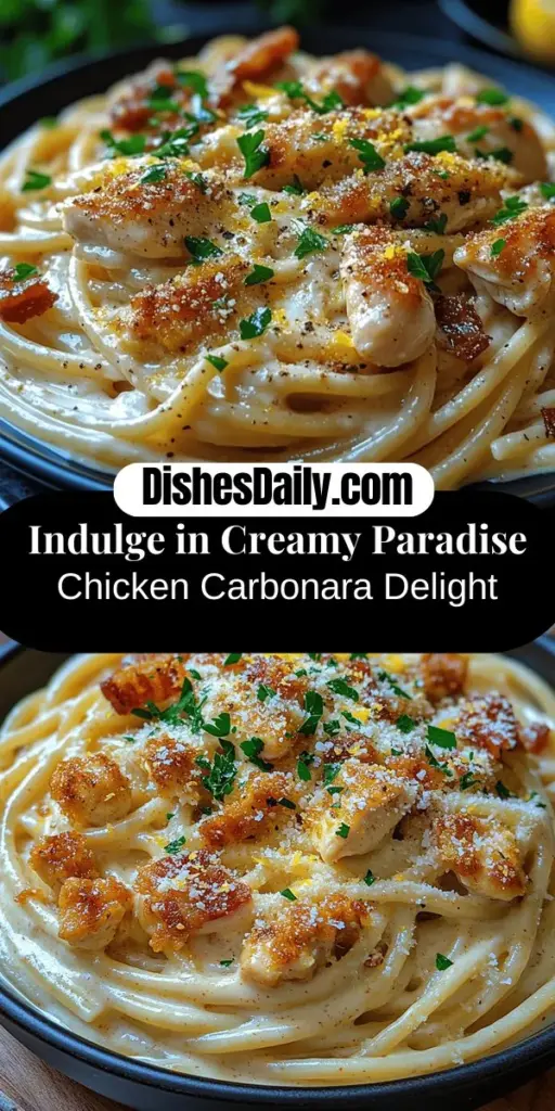 Indulge in the comforting flavors of Creamy Paradise Chicken Carbonara, a delightful twist on the classic Italian dish. This recipe combines tender chicken, crispy bacon, and a rich, velvety sauce for a meal that's perfect for family gatherings or special occasions. With simple ingredients and easy-to-follow steps, you'll create a creamy pasta that’s both satisfying and luxurious. Experience the warmth and deliciousness of this beloved favorite that everyone will love!