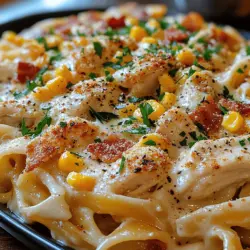 Creamy Chicken Pasta with Corn and Bacon is a culinary masterpiece that perfectly embodies the essence of comfort food. This dish combines tender chicken, crispy bacon, and sweet corn enveloped in a luscious cream sauce, creating a symphony of flavors and textures that cater to both the palate and the soul. Whether you're hosting a cozy family dinner, preparing a meal for a special occasion, or simply looking to indulge in a hearty bowl of pasta after a long day, this recipe is sure to impress.