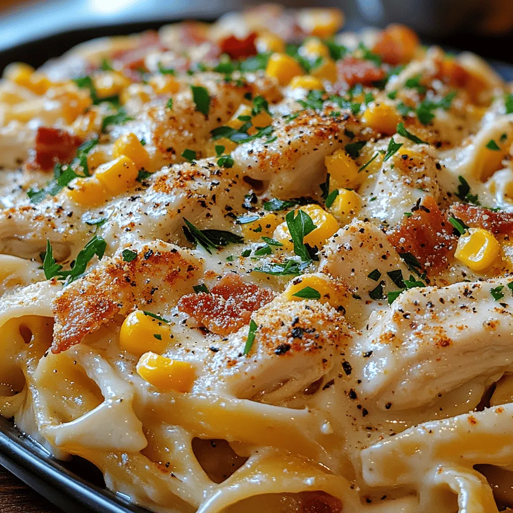 Creamy Chicken Pasta with Corn and Bacon is a culinary masterpiece that perfectly embodies the essence of comfort food. This dish combines tender chicken, crispy bacon, and sweet corn enveloped in a luscious cream sauce, creating a symphony of flavors and textures that cater to both the palate and the soul. Whether you're hosting a cozy family dinner, preparing a meal for a special occasion, or simply looking to indulge in a hearty bowl of pasta after a long day, this recipe is sure to impress.