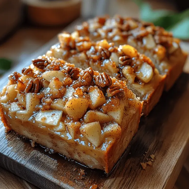 Delight your taste buds with a slice of homemade Apple Bliss Bread with Cinnamon Pecan Crunch. This moist and flavorful bread combines the sweetness of fresh apples with the warmth of cinnamon and nutmeg, creating a comforting treat perfect for breakfast, snack time, or dessert. The inviting aroma of baking apples and spices wafts through your kitchen, promising a delightful experience with each bite. Topped with a crunchy pecan mixture, this recipe not only offers a satisfying texture but also elevates the flavor with a delightful nutty crunch. Whether you're an experienced baker or a novice in the kitchen, this recipe is straightforward and rewarding, making it a wonderful addition to your baking repertoire.
