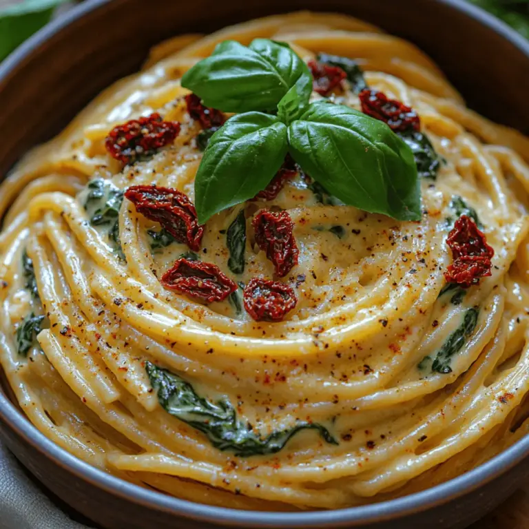In the vast world of pasta dishes, Creamy Spinach & Sun-Dried Tomato Spaghetti Delight stands out as a comforting yet sophisticated meal that appeals to both the novice cook and the seasoned chef. This dish embodies the essence of Italian comfort food, combining the rich, velvety texture of heavy cream with the vibrant flavors of fresh spinach and the tangy sweetness of sun-dried tomatoes. Not only does it deliver a satisfying bite, but it also provides a nutritious boost thanks to the health benefits associated with spinach, a leafy green packed with vitamins, minerals, and antioxidants.