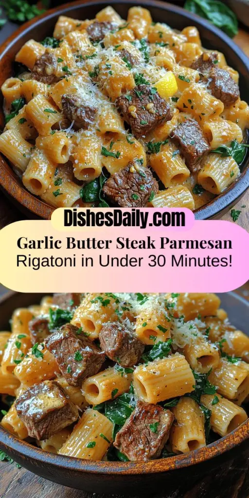 Discover the ultimate comfort food with this Garlic Butter Steak Parmesan Rigatoni recipe. This dish features al dente rigatoni pasta wrapped in a rich garlic butter sauce, perfectly paired with tender sirloin steak and topped with freshly grated Parmesan cheese. Ideal for busy weeknights or special occasions, it combines simple ingredients to create a flavorful meal that everyone will love. Elevate your dinner with this satisfying and easy-to-make pasta dish!