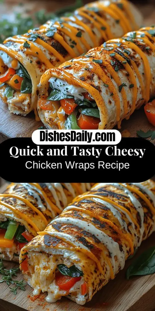Looking for a quick and delicious meal idea? Try these cheesy chicken wraps! Made with cooked shredded chicken, creamy cheeses, and fresh veggies, they can be put together in under 30 minutes. Perfect for lunch, dinner, or a casual gathering, this versatile recipe allows for endless customization. Cook them in a pan, bake, or grill for a crispy finish. Pair with your favorite dipping sauces and sides for a complete meal that's sure to satisfy. Enjoy the cheesy goodness!