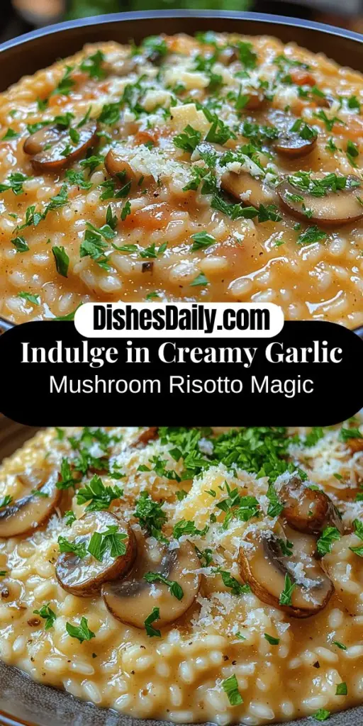 Embark on a culinary adventure with this scrumptious Creamy Garlic Mushroom Risotto. Perfect for cozy dinners or elegant gatherings, this dish combines the rich flavors of Arborio rice, garlic, and earthy mushrooms, creating a creamy texture that warms the heart. Learn the art of risotto-making with our step-by-step guide that emphasizes the importance of each ingredient. Discover tips for sautéing, toasting, and achieving that perfect consistency for a delightful dining experience. Enjoy your homemade masterpiece that embodies comfort and sophistication!