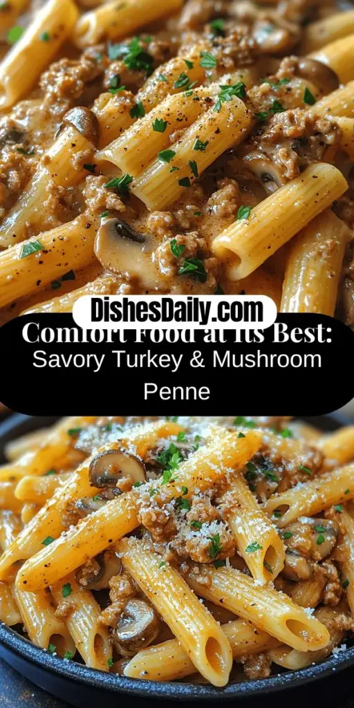 Savor the deliciousness of Savory Turkey & Mushroom Penne, a comforting pasta dish that combines tender penne with lean ground turkey and earthy mushrooms, all enveloped in a creamy sauce. Perfect for weeknight dinners or special occasions, this recipe offers a healthier twist on traditional Italian favorites. Featuring simple ingredients and easy cooking steps, this dish guarantees a satisfying meal that's both nutritious and indulgent. Bring family and friends together with this delightful culinary experience!