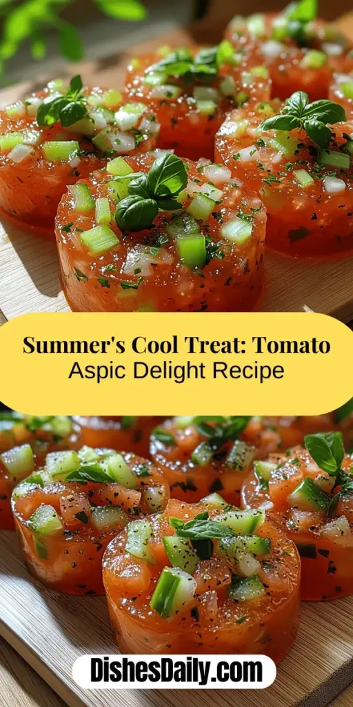 Dive into summer with Tomato Aspic Delight, a refreshing recipe that's perfect for gatherings and picnics. This elegant dish showcases vibrant ripe tomatoes blended with crunchy vegetables like celery and bell pepper, all suspended in savory gelatin. It’s not just beautiful—its mix of Worcestershire sauce and lemon juice elevates the flavor, making it a memorable starter or side. Impress your guests with this versatile, nutritious, and delightful treat, perfect for any occasion.