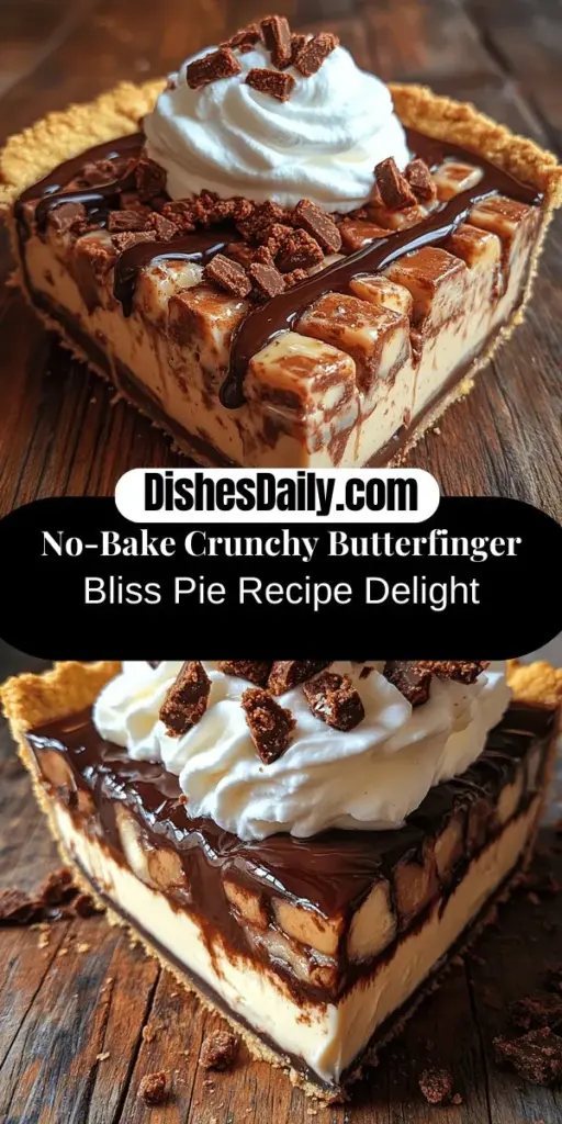 Indulge in the rich flavors of the Crunchy Butterfinger Bliss Pie, a delightful no-bake dessert that combines creamy and crunchy in every bite. With a graham cracker crust, a luscious cream cheese filling, and generous layers of crushed Butterfinger bars, this pie is a crowd-pleaser for any occasion. Perfect for potlucks or a special treat at home, this recipe is simple and satisfying, ensuring that even novice bakers can impress with minimal effort. Enjoy the classic taste of Butterfinger in this delectable pie that promises to be a favorite!
