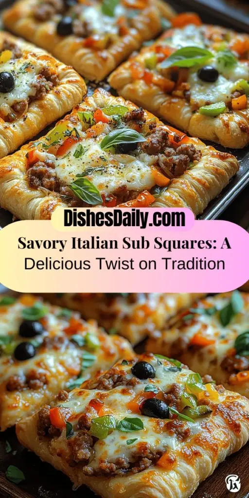 Discover the delicious Savory Italian Sub Squares that reinterpret the classic Italian sub into bite-sized delights! Combining flavorful Italian sausage, fresh vegetables, and a trio of rich cheeses, these squares are perfect for any occasion, from family dinners to parties. With a flaky crescent roll dough base and a sprinkle of Italian herbs, each square promises a delightful burst of flavor. Elevate your meal with easy pairings and enjoy a taste of Italy from your own kitchen!