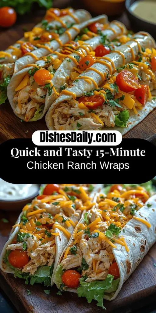 Try making these delicious Zesty 15-Minute Chicken Ranch Wraps for a quick and satisfying meal! Perfect for busy families or individuals, this recipe features savory rotisserie chicken, zesty ranch dressing, colorful fresh vegetables, and cheese, all wrapped in a soft tortilla. Not only are they easy to prepare, but they can also be customized for various dietary preferences. Enjoy a flavorful, nutritious meal in just 15 minutes and delight in the convenience of wraps as a go-to option!