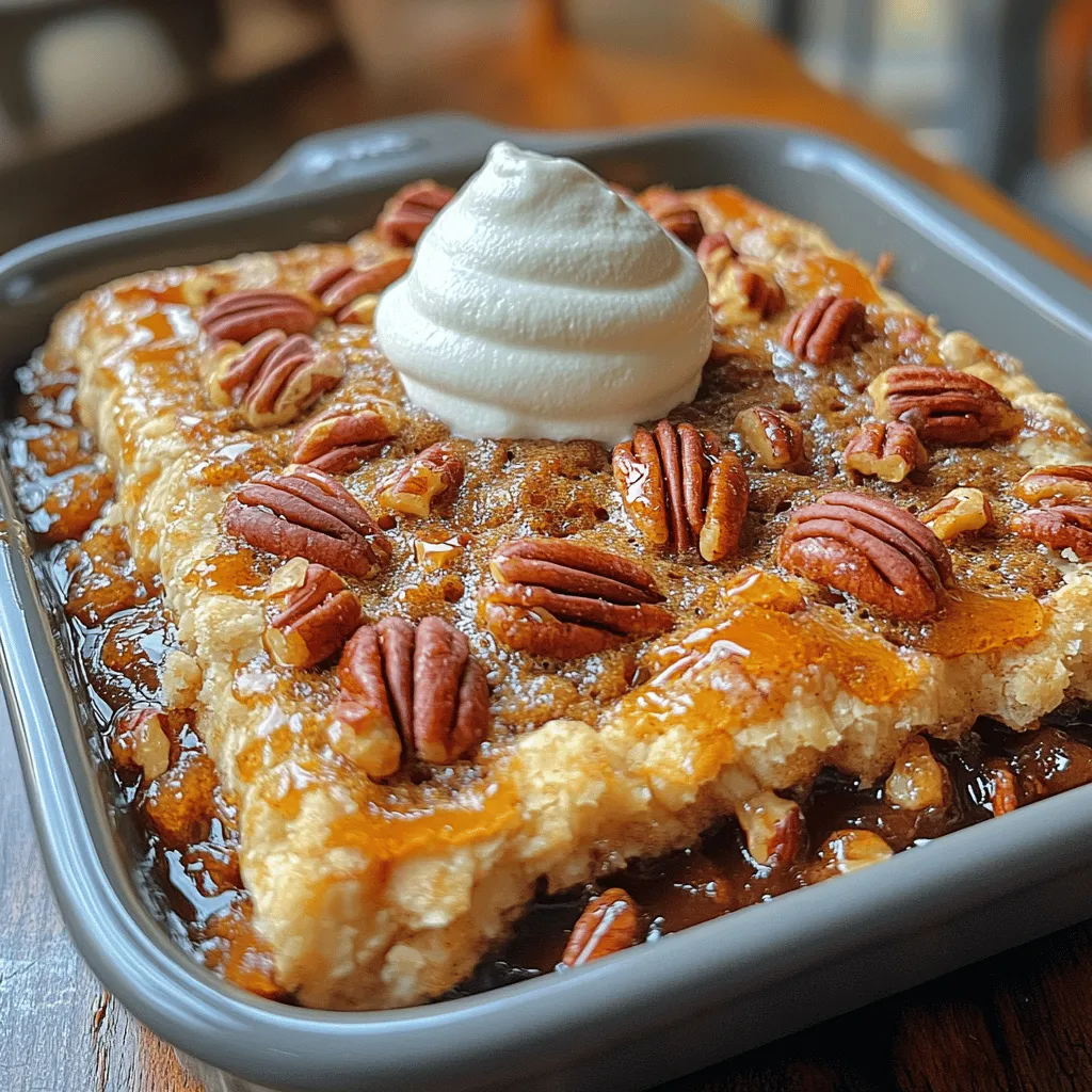 <strong>Definition and Characteristics</strong>” /></p>
</p>
<h3>Greasing and Preparing Your Baking Dish for Optimal Results</h3>
</p>
<p>Before you begin layering your Pecan Pie Dump Cake Delight, it’s essential to prepare your baking dish properly. Greasing your dish not only helps to prevent sticking but also contributes to a beautifully browned crust.</p>
</p>
<p>1. <strong>Choose the Right Dish</strong>: For this recipe, a 9×13-inch baking dish is ideal. This size allows for even baking and promotes a crispy top layer.</p>
</p>
<p>2. <strong>Greasing the Dish</strong>: Use a generous amount of butter or non-stick cooking spray to coat the bottom and sides of the baking dish. For added flavor, you can brush the dish with melted butter. Ensure that you cover all corners and edges, as this will help the cake release easily once baked.</p>
</p>
<p>3. <strong>Optional Layer of Parchment Paper</strong>: For extra assurance against sticking, you can line the bottom of the dish with parchment paper after greasing. This is particularly useful if you plan to serve the cake directly from the baking dish, as it makes for a cleaner release.</p>
</p>
<h3>Creating the Pecan Filling</h3>
</p>
<p>The pecan filling is the star of this dump cake, providing rich flavor and that characteristic gooey texture found in traditional pecan pies.</p>
</p>
<h4>Detailed Instructions for Mixing the Filling</h4>
</p>
<p>1. <strong>Gather Your Ingredients</strong>: You will need chopped pecans, brown sugar, corn syrup, eggs, vanilla extract, and a pinch of salt.</p>
</p>
<p>2. <strong>Mix the Ingredients</strong>: In a large mixing bowl, combine 1 cup of brown sugar, 1 cup of corn syrup, 3 large eggs, 1 teaspoon of vanilla extract, and a pinch of salt. Whisk until the mixture is smooth and all ingredients are well incorporated.</p>
</p>
<p>3. <strong>Add the Pecans</strong>: Once the filling is well mixed, fold in 1 to 1.5 cups of chopped pecans. Ensure the pecans are evenly distributed throughout the mixture.</p>
</p>
<h4>Tips for Achieving the Perfect Consistency</h4>
</p>
<p>– <strong>Don’t Overmix</strong>: While it’s important to combine all ingredients, overmixing can introduce air and create a less desirable texture. Aim for a smooth filling with visible pecans.</p>
</p>
<p>– <strong>Choosing Pecans</strong>: Use fresh pecans for the best flavor. Toasting them lightly in a dry skillet can enhance their nuttiness, but be careful not to overdo it as they can burn quickly.</p>
</p>
<h4>Common Mistakes to Avoid in This Step</h4>
</p>
<p>– <strong>Skipping the Salt</strong>: A pinch of salt is crucial as it balances the sweetness of the filling and brings out the flavors.</p>
</p>
<p>– <strong>Using Cold Eggs</strong>: Make sure your eggs are at room temperature before mixing. This helps to blend them more smoothly into the filling.</p>
</p>
<h3>Layering the Ingredients</h3>
</p>
<p>Proper layering is essential for achieving the unique texture and flavor combination that makes this dump cake special.</p>
</p>
<h4>Importance of Layering for Texture and Flavor</h4>
</p>
<p>The layering technique not only impacts the taste but also ensures that each bite is a harmonious balance of flavors. The pecan filling melds with the cake mix and creates a delightful contrast in texture.</p>
</p>
<h4>How to Evenly Distribute the Cake Mix Without Mixing</h4>
</p>
<p>1. <strong>Sprinkle the Cake Mix</strong>: Once the pecan filling is ready, evenly sprinkle 1 box of yellow cake mix over the top. Do not stir or mix! The magic of a dump cake lies in its simplicity and the distinct layers.</p>
</p>
<p>2. <strong>Use a Sifter</strong>: If you want a more even distribution, you can use a sifter to sprinkle the cake mix over the filling. This prevents clumps and ensures that the cake mix covers the filling uniformly.</p>
</p>
<h4>Visual Cues for Proper Assembly</h4>
</p>
<p>– <strong>Layer Visibility</strong>: You should see distinct layers of the pecan filling and the cake mix. The cake mix should look like a dry, powdery layer on top.</p>
</p>
<p>– <strong>Pecan Placement</strong>: If desired, you can sprinkle a handful of additional pecans on top for a decorative touch and extra crunch.</p>
</p>
<h3>Baking the Dump Cake</h3>
</p>
<p>Baking conditions play a significant role in the final outcome of your Pecan Pie Dump Cake Delight.</p>
</p>
<h4>Ideal Baking Conditions and Timing</h4>
</p>
<p>1. <strong>Preheat the Oven</strong>: Set your oven to 350°F (175°C) and allow it to fully preheat. This ensures even cooking from the start.</p>
</p>
<p>2. <strong>Bake</strong>: Place your assembled dump cake in the preheated oven and bake for approximately 40 to 45 minutes. You may need to adjust the time based on your oven’s performance.</p>
</p>
<h4>Signs the Cake is Ready for Cooling</h4>
</p>
<p>– <strong>Golden Brown Top</strong>: The top should be a beautiful golden brown and slightly firm to the touch.</p>
</p>
<p>– <strong>Bubbling Edges</strong>: Look for bubbling around the edges, which indicates that the filling is hot and set.</p>
</p>
<h4>How to Check for Doneness Without Ruining the Top</h4>
</p>
<p>1. <strong>Toothpick Test</strong>: Insert a toothpick or a knife into the center of the cake. If it comes out clean or with a few moist crumbs, your dump cake is done.</p>
</p>
<p>2. <strong>Avoid Poking Too Deeply</strong>: Make sure to only check the top layer; poking too deep may disrupt the filling underneath.</p>
</p>
<h3>Cooling and Serving Suggestions</h3>
</p>
<p>Cooling is an essential step that enhances the texture and flavor of your dessert.</p>
</p>
<h4>Importance of Cooling Time for Texture</h4>
</p>
<p>Allow your Pecan Pie Dump Cake Delight to cool in the baking dish for at least 30 minutes before serving. This cooling period helps the filling set further, making it easier to slice and serve. The cake will continue to firm up as it cools, resulting in a more enjoyable texture.</p>
</p>
<h4>Serving Ideas: Pairing with Whipped Cream or Vanilla Ice Cream</h4>
</p>
<p>– <strong>Classic Pairings</strong>: Serve warm with a generous dollop of whipped cream or a scoop of vanilla ice cream for a delightful contrast of temperatures and textures.</p>
</p>
<p>– <strong>Garnish with Extras</strong>: Consider garnishing with a sprinkle of cinnamon or nutmeg for added warmth and flavor. A drizzle of chocolate sauce or caramel can also elevate the presentation.</p>
</p>
<h4>Presentation Tips for an Appealing Dessert Display</h4>
</p>
<p>1. <strong>Slice Neatly</strong>: Use a sharp knife to cut clean slices, ensuring that each piece retains its shape.</p>
</p>
<p>2. <strong>Serve on Decorative Plates</strong>: Present each slice on a decorative dessert plate, perhaps with a sprig of mint or a few extra pecans for garnish.</p>
</p>
<h3>Nutritional Information</h3>
</p>
<p>Understanding the nutritional profile of your dessert can help you enjoy it mindfully.</p>
</p>
<h4>Caloric Breakdown per Serving</h4>
</p>
<p>– <strong>Calories</strong>: Approximately 350 calories per serving.</p>
<p>– <strong>Fats</strong>: About 20 grams of fat, largely from the pecans and cake mix.</p>
<p>– <strong>Sugars</strong>: Contains around 25 grams of sugar, due to the brown sugar and corn syrup.</p>
<p>– <strong>Proteins</strong>: Roughly 4 grams of protein, primarily from the eggs and pecans.</p>
</p>
<h4>Healthier Alternatives and Modifications for Lower Calorie Options</h4>
</p>
<p>– <strong>Low-Calorie Sweeteners</strong>: Substitute brown sugar with a low-calorie sweetener to reduce sugar intake significantly.</p>
</p>
<p>– <strong>Whole Wheat Flour</strong>: If you want a healthier cake mix, consider using a whole wheat cake mix that can add fiber.</p>
</p>
<p>– <strong>Egg Replacements</strong>: For a lower-calorie option, you can use unsweetened applesauce or a commercial egg replacement in place of the eggs.</p>
</p>
<h3>Conclusion</h3>
</p>
<p>The Pecan Pie Dump Cake Delight is more than just a dessert; it’s a celebration of flavors and a testament to the joys of home baking. By simplifying the traditional pecan pie into a delightful dump cake, this recipe allows everyone, regardless of baking skill level, to create a delicious treat that can be enjoyed on any occasion. Whether served warm with a scoop of ice cream or enjoyed as is, this dessert is bound to become a favorite in your recipe repertoire. Embrace the ease and satisfaction of making this delightful treat, and let the comforting flavors transport you to a place of sweet indulgence.</p>
</div>