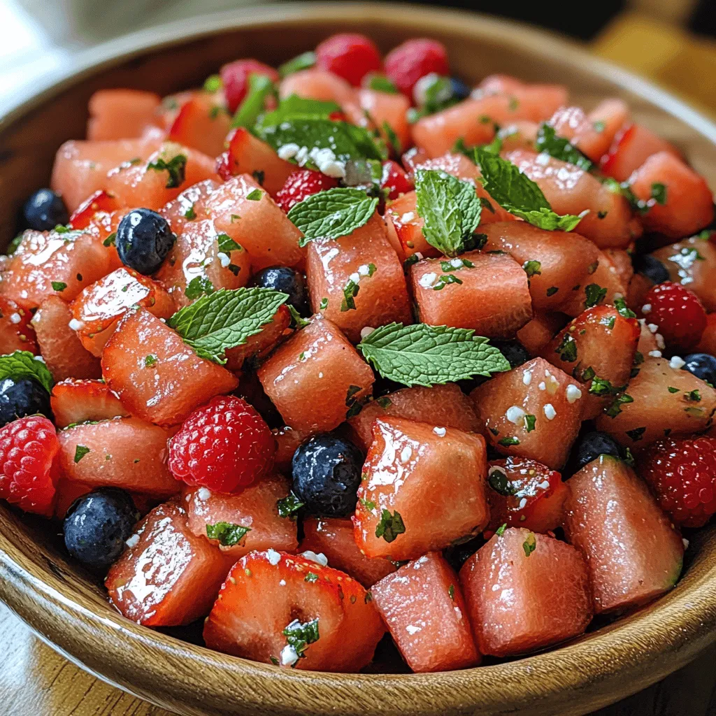 What makes the Watermelon Berry Mint Salad so appealing? For starters, its vibrant colors create an eye-catching presentation that beckons guests to dive in. The combination of red watermelon, deep blue blueberries, and bright strawberries not only enhances the visual allure but also offers a medley of flavors that dance on the palate. This salad is a versatile dish that can be served as a side, a light lunch, or even a dessert, making it suitable for any occasion.
