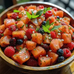 What makes the Watermelon Berry Mint Salad so appealing? For starters, its vibrant colors create an eye-catching presentation that beckons guests to dive in. The combination of red watermelon, deep blue blueberries, and bright strawberries not only enhances the visual allure but also offers a medley of flavors that dance on the palate. This salad is a versatile dish that can be served as a side, a light lunch, or even a dessert, making it suitable for any occasion.
