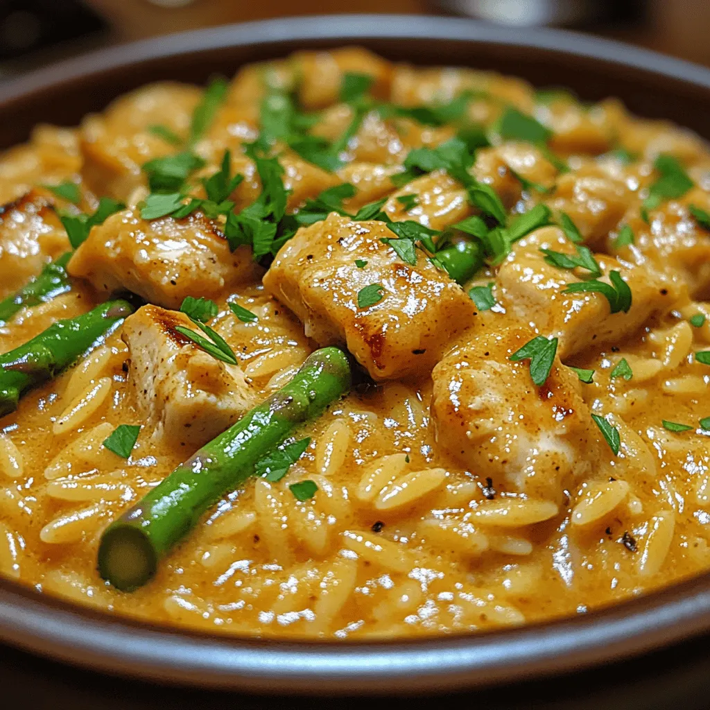 The beauty of Creamy Parmesan Orzo with Chicken and Asparagus lies in its versatility and comfort. Orzo, a rice-shaped pasta, serves as a fantastic base, providing a satisfying chew that contrasts beautifully with the tender chicken and crunchy asparagus. The creamy Parmesan sauce not only adds a luxurious touch but also binds the dish together, creating a deliciously cohesive experience with each bite. This recipe is not just about pleasing your palate; it’s also visually appealing, showcasing vibrant green asparagus against the creamy backdrop.