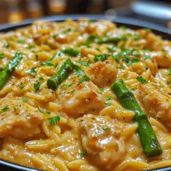 The beauty of Creamy Parmesan Orzo with Chicken and Asparagus lies in its versatility and comfort. Orzo, a rice-shaped pasta, serves as a fantastic base, providing a satisfying chew that contrasts beautifully with the tender chicken and crunchy asparagus. The creamy Parmesan sauce not only adds a luxurious touch but also binds the dish together, creating a deliciously cohesive experience with each bite. This recipe is not just about pleasing your palate; it’s also visually appealing, showcasing vibrant green asparagus against the creamy backdrop.