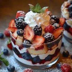 If you're looking for a dessert that not only pleases the palate but also provides a feast for the eyes, look no further than Berry Bliss Trifle Cups. This delightful dessert combines layers of luscious mixed berries, light vanilla sponge cake, and fluffy whipped cream, creating a heavenly treat that is as satisfying to eat as it is to look at. The vibrant colors of the berries against the creamy backdrop make these trifle cups perfect for any occasion—be it a summer picnic, a birthday celebration, or a cozy family gathering.