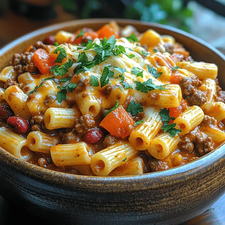 If you're looking for a dish that combines comfort and flavor in one hearty bowl, look no further than Fiery Chili Mac Delight. This delectable recipe marries the rich, spicy goodness of classic chili with the creamy, cheesy allure of macaroni and cheese, creating a meal that is sure to satisfy both chili lovers and pasta enthusiasts alike. With its robust flavors and satisfying texture, Fiery Chili Mac Delight is the perfect dish for family dinners, potlucks, or cozy nights in when you want something truly indulgent yet easy to prepare.