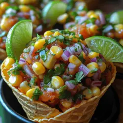 The appeal of Cool Corn Salsa Cones lies not only in their delicious taste but also in their aesthetic presentation. The vibrant colors of the salsa contrast beautifully against the crispy tortilla cones, making them a visually appealing addition to any table. These cones are not only easy to eat but also provide a fun, interactive element to your gatherings, allowing guests to grab and enjoy their own portion without the need for plates or utensils.
