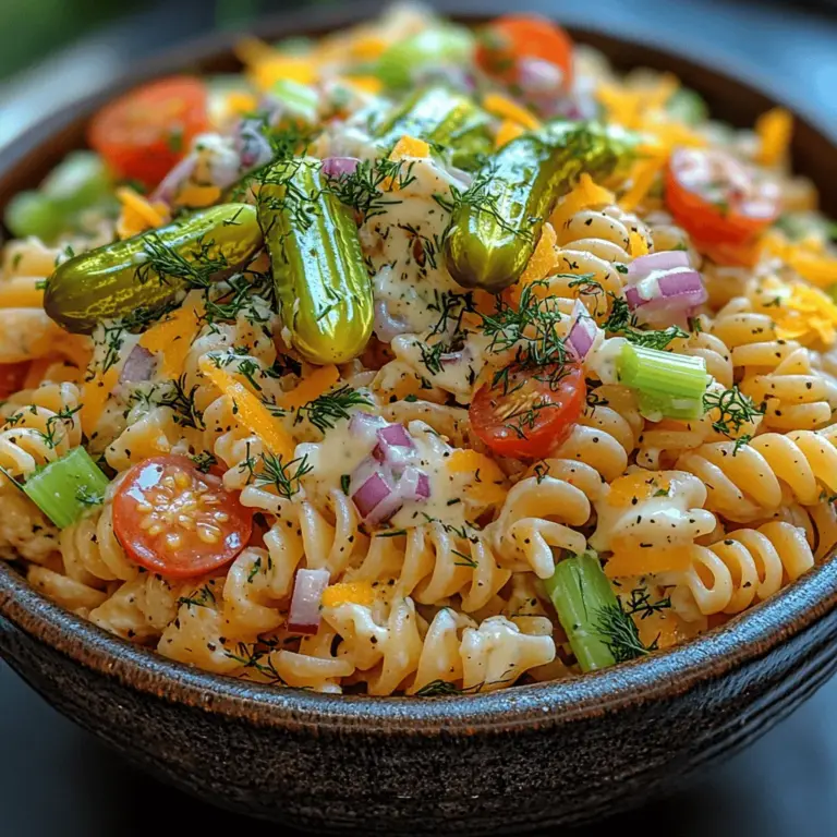 Pasta salads have long been a beloved staple at gatherings, picnics, and barbecues, serving as the perfect accompaniment to grilled meats or a light stand-alone dish. Their popularity can be attributed to their versatility, ease of preparation, and the ability to be made in advance, making them an ideal choice for those looking to simplify meal planning. Among the myriad of pasta salad options available, the Creamy Dill Pickle Pasta Salad stands out as a unique and flavorful twist on traditional recipes. This dish not only offers a creamy texture but also features the tangy bite of dill pickles, complemented by vibrant vegetables that add both color and crunch.