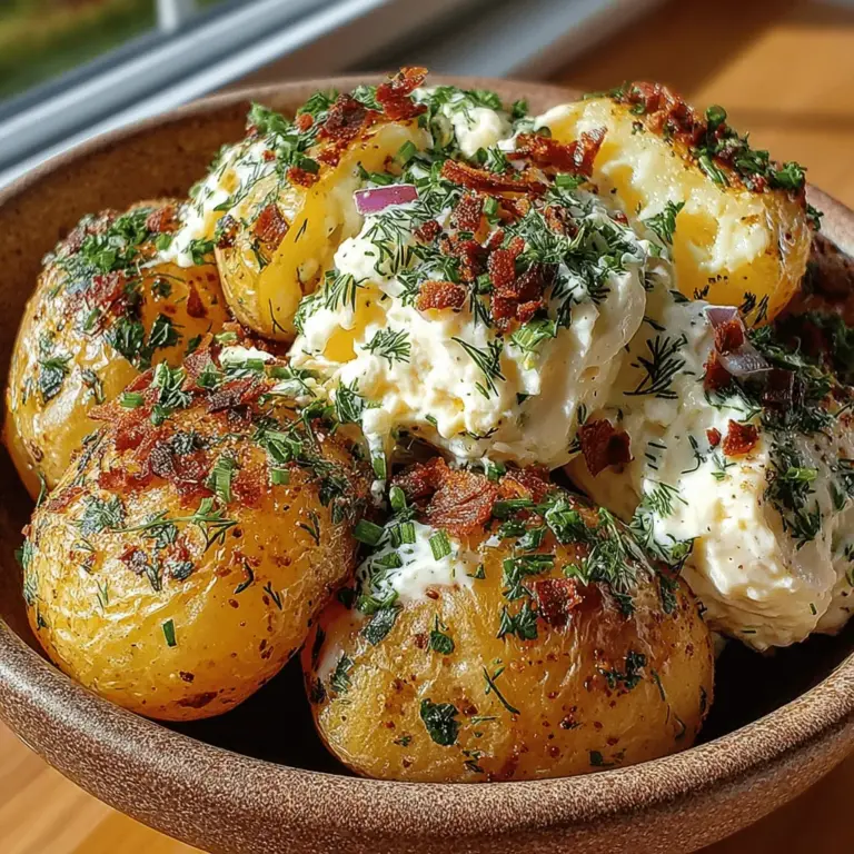 Creamy dill potato salad is a delightful fusion of flavors that harmoniously blend together to create a refreshing dish. The star ingredients—baby potatoes, Greek yogurt, and mayonnaise—work together to provide a rich yet tangy taste that is further elevated by the aromatic notes of fresh dill. The creaminess of the dressing coats each potato, creating a velvety texture that is both satisfying and refreshing.