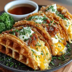 Golden Waffle Tacos with Scrambled Eggs are a delightful twist on traditional breakfast fare. This innovative recipe takes the beloved breakfast classic—waffles—and transforms it into a fun, handheld taco format. The result is a dish that beautifully marries the fluffy goodness of waffles with the savory richness of scrambled eggs, making it not only delicious but also visually appealing. This unique combination brings a playful element to breakfast, allowing diners to enjoy a meal that is both satisfying and engaging.