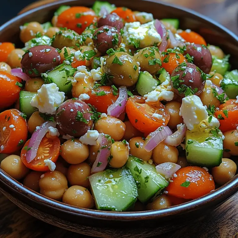 One of the standout ingredients in our Crunchy Greek Chickpea Salad is crumbled feta cheese. This ingredient adds a rich creaminess that beautifully contrasts with the fresh, crunchy vegetables. Feta cheese is known for its tangy flavor, which complements the overall taste profile of the salad. The saltiness of the feta enhances the natural flavors of the chickpeas and vegetables, while also providing a satisfying texture that rounds out the dish.
