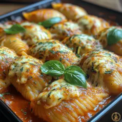 Zucchini Parmesan Stuffed Shells bring a refreshing and nutritious twist to the beloved tradition of stuffed pasta. This dish artfully combines the rich, comforting flavors of creamy ricotta, melty mozzarella, and savory Parmesan cheeses with the subtle, fresh taste of zucchini. It perfectly balances indulgence and health, making it an ideal choice for family dinners, potluck gatherings, or even a simple yet satisfying weeknight meal.