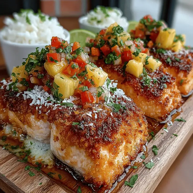 Coconut Crusted Salmon with Pineapple Salsa is a delightful culinary creation that transports your taste buds to a tropical paradise. This dish artfully combines the richness of salmon with the sweet and tangy notes of fresh pineapple, creating a harmonious balance that is as pleasing to the palate as it is to the eye. Perfectly suited for both weeknight dinners and special occasions, this recipe is not only delicious but also brimming with nutritious ingredients, making it a wholesome choice for health-conscious diners.