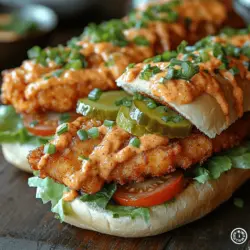 The Spicy Cajun Catfish Po’ Boy is a culinary masterpiece that encapsulates the vibrant flavors of Southern cuisine. Originating from the bustling streets of New Orleans, this iconic sandwich features crispy fried catfish fillets generously seasoned with a blend of Cajun spices, served on a fresh, crusty baguette. It’s a dish that represents the rich cultural heritage of Louisiana, making it a must-try for anyone looking to explore authentic Creole flavors.