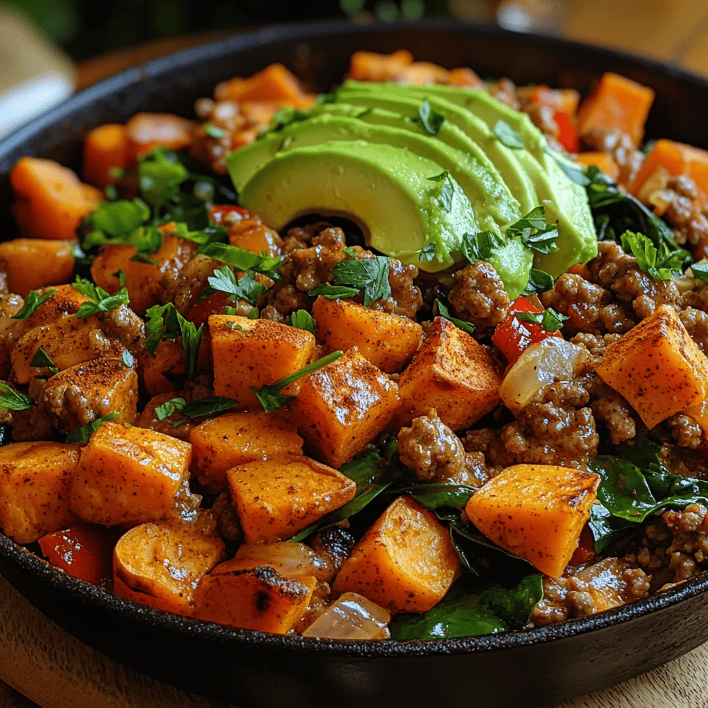 - 1 pound ground turkey - 2 medium sweet potatoes, diced - 1 medium onion, chopped - 2 cloves garlic, minced - 1 bell pepper, diced (any color) - 2 cups fresh spinach - 1 teaspoon olive oil - 1 teaspoon smoked paprika - 1/2 teaspoon cumin - Salt and pepper to taste - Optional: fresh herbs for garnish (parsley or cilantro)