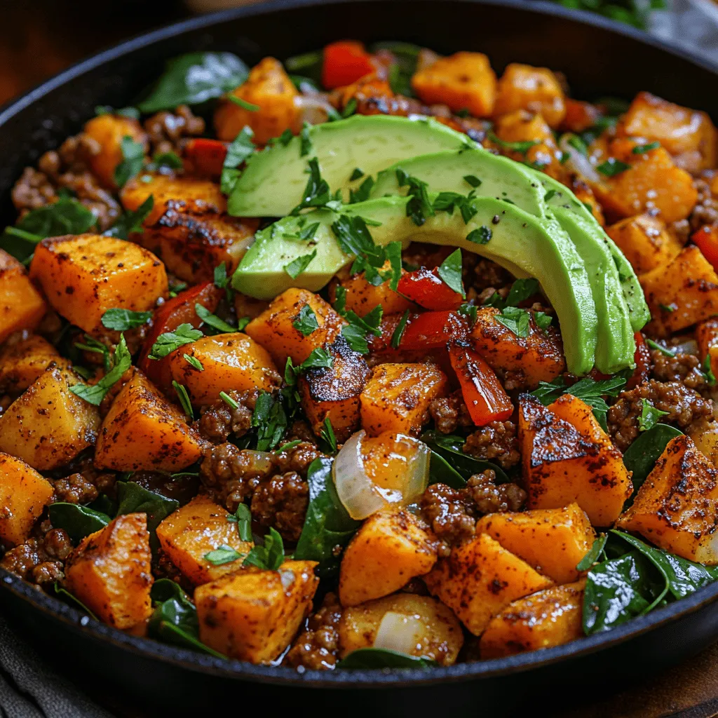 - 1 pound ground turkey - 2 medium sweet potatoes, diced - 1 medium onion, chopped - 2 cloves garlic, minced - 1 bell pepper, diced (any color) - 2 cups fresh spinach - 1 teaspoon olive oil - 1 teaspoon smoked paprika - 1/2 teaspoon cumin - Salt and pepper to taste - Optional: fresh herbs for garnish (parsley or cilantro)