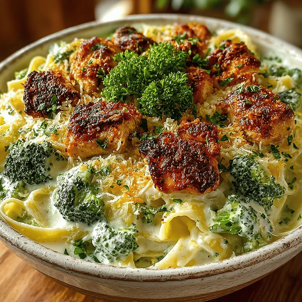 - 2 boneless, skinless chicken breasts - 2 cups of broccoli florets - 8 ounces of fettuccine pasta - 1 cup of heavy cream - 1 cup of grated Parmesan cheese - 2 tablespoons of unsalted butter - 2 cloves of garlic, minced - Salt and pepper to taste - A pinch of nutmeg - Optional: red pepper flakes for heat, lemon zest for brightness