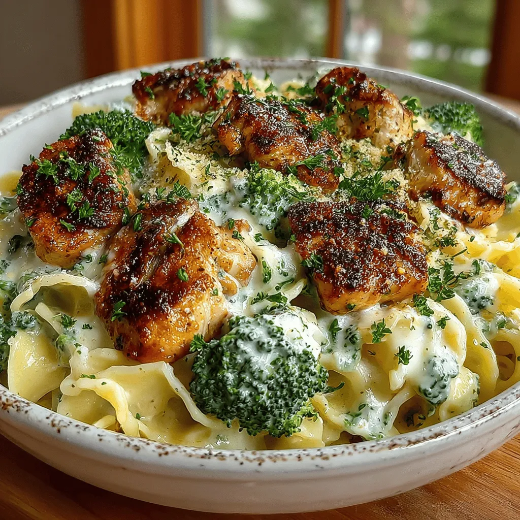 - 2 boneless, skinless chicken breasts - 2 cups of broccoli florets - 8 ounces of fettuccine pasta - 1 cup of heavy cream - 1 cup of grated Parmesan cheese - 2 tablespoons of unsalted butter - 2 cloves of garlic, minced - Salt and pepper to taste - A pinch of nutmeg - Optional: red pepper flakes for heat, lemon zest for brightness