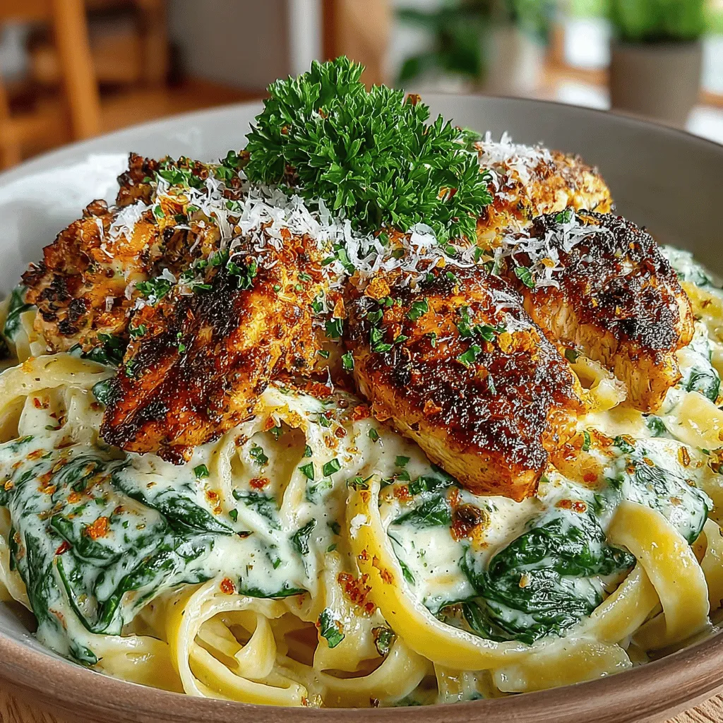 - 8 oz fettuccine or penne pasta - 1 lb boneless, skinless chicken breasts, cut into bite-sized pieces - 2 tablespoons olive oil - 3 cloves garlic, minced - 2 cups fresh spinach, washed and chopped - 1 cup chicken broth - 1 cup heavy cream - 1 cup grated Parmesan cheese - Salt and pepper to taste - Red pepper flakes (optional for heat)