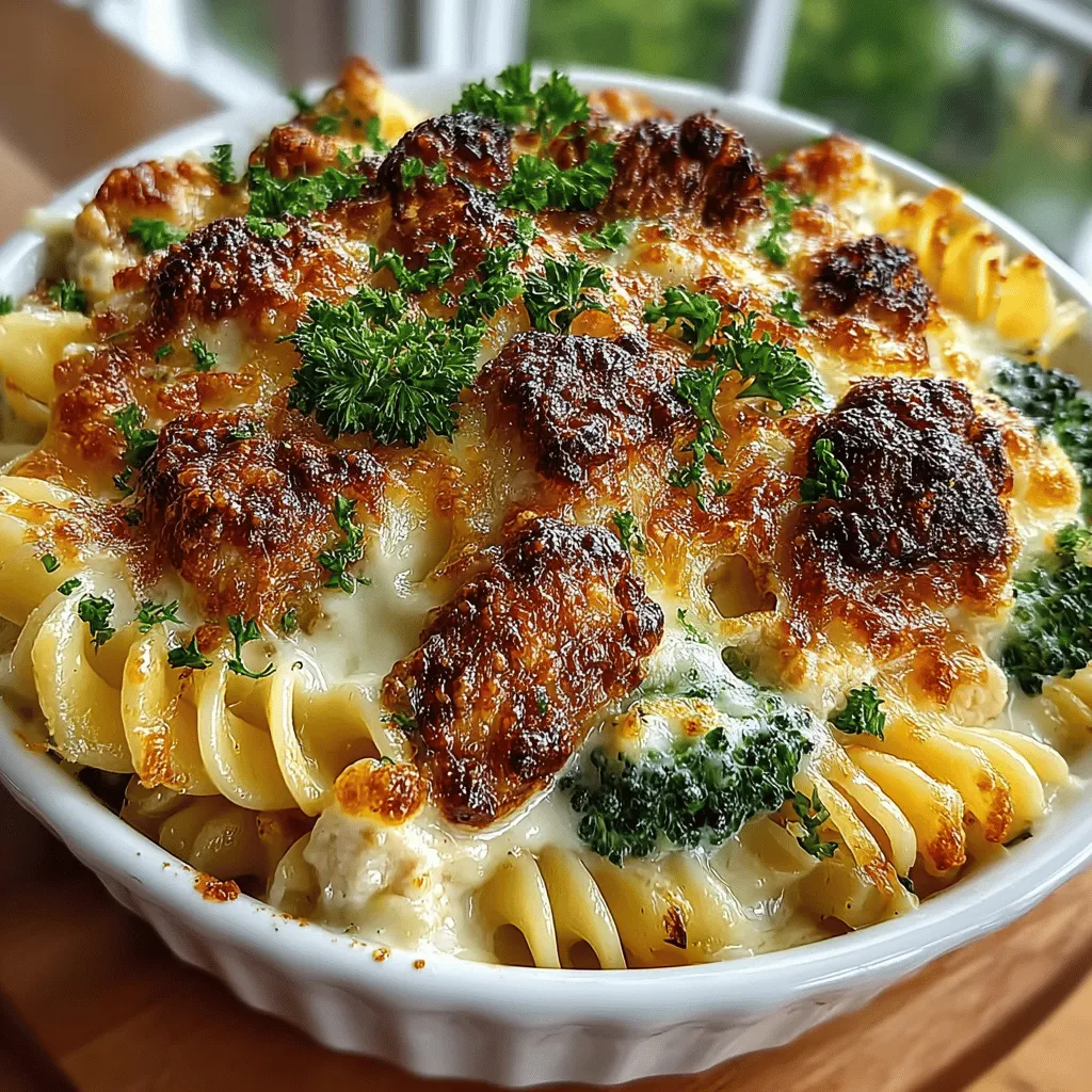 - 2 cups rotini or penne pasta - 2 cups cooked chicken, shredded or diced - 2 cups fresh broccoli florets - 1 cup heavy cream (or lighter alternative) - 1 cup grated Parmesan cheese - 1 cup shredded mozzarella cheese - 3 cloves garlic, minced - 1 teaspoon Italian seasoning - Salt and pepper to taste - 2 tablespoons olive oil - Optional: Fresh parsley for garnish