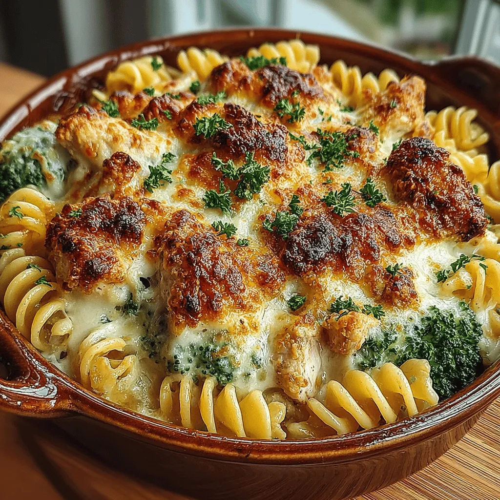 - 2 cups rotini or penne pasta - 2 cups cooked chicken, shredded or diced - 2 cups fresh broccoli florets - 1 cup heavy cream (or lighter alternative) - 1 cup grated Parmesan cheese - 1 cup shredded mozzarella cheese - 3 cloves garlic, minced - 1 teaspoon Italian seasoning - Salt and pepper to taste - 2 tablespoons olive oil - Optional: Fresh parsley for garnish