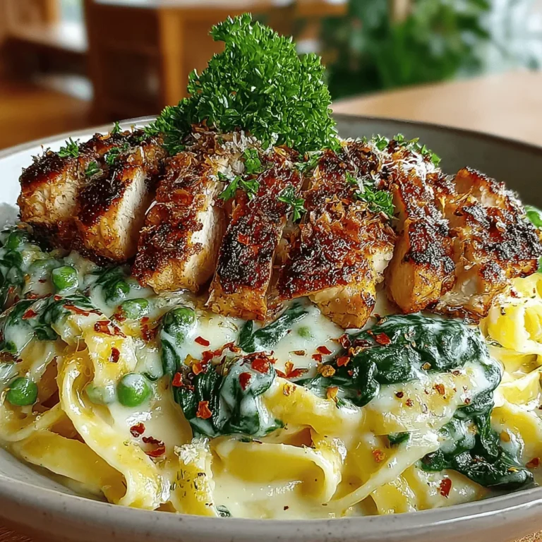 Wilting spinach is a simple yet essential step in preparing your Creamy Spinach & Peas Chicken Alfredo. Start by rinsing the fresh spinach thoroughly to remove any grit. In a large skillet over medium heat, add a small amount of olive oil or butter. Once heated, add the spinach and sauté for about 2-3 minutes, stirring occasionally, until the leaves are bright green and wilted but still vibrant.