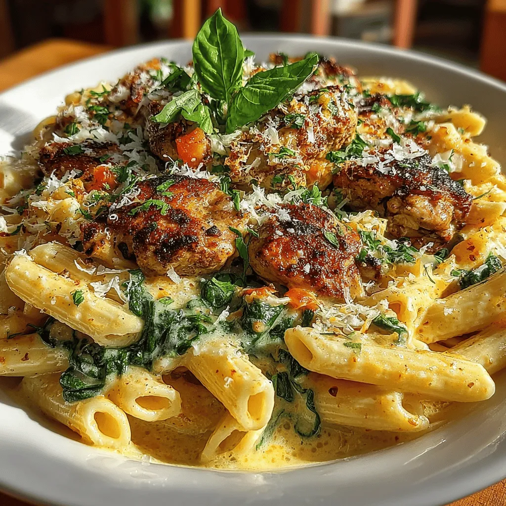 - 2 tablespoons olive oil - 1 pound chicken thighs, boneless and skinless - 1 medium onion, diced - 3 cloves garlic, minced - 1 teaspoon Italian seasoning - 1/2 teaspoon red pepper flakes (optional) - 4 cups chicken broth - 12 ounces penne or fusilli pasta - 4 cups fresh spinach - 1 cup heavy cream - 1 cup grated Parmesan cheese - Fresh basil, for garnish (optional)