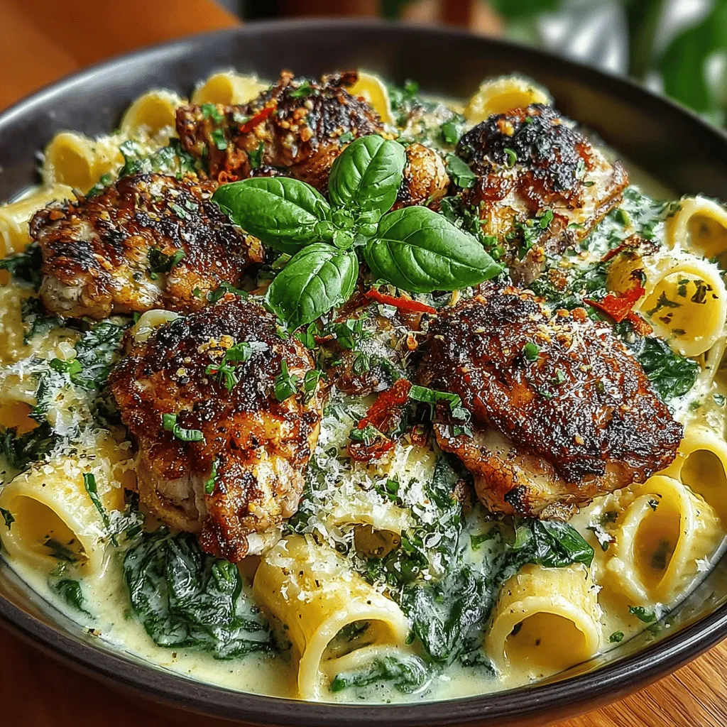 - 2 tablespoons olive oil - 1 pound chicken thighs, boneless and skinless - 1 medium onion, diced - 3 cloves garlic, minced - 1 teaspoon Italian seasoning - 1/2 teaspoon red pepper flakes (optional) - 4 cups chicken broth - 12 ounces penne or fusilli pasta - 4 cups fresh spinach - 1 cup heavy cream - 1 cup grated Parmesan cheese - Fresh basil, for garnish (optional)