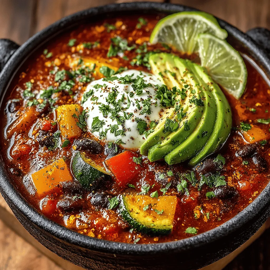 - 2 tablespoons olive oil - 1 medium onion, diced - 3 cloves garlic, minced - 1 bell pepper, diced (any color) - 1 medium zucchini, diced - 1 medium carrot, diced - 1 cup corn kernels (fresh or frozen) - 1 can (15 oz) black beans, drained and rinsed - 1 can (15 oz) kidney beans, drained and rinsed - 1 can (28 oz) diced tomatoes, with juices - 2 tablespoons chili powder - 1 teaspoon ground cumin - 1 teaspoon smoked paprika - Salt and pepper, to taste - Juice of 1 lime - Fresh cilantro or avocado for garnish (optional)