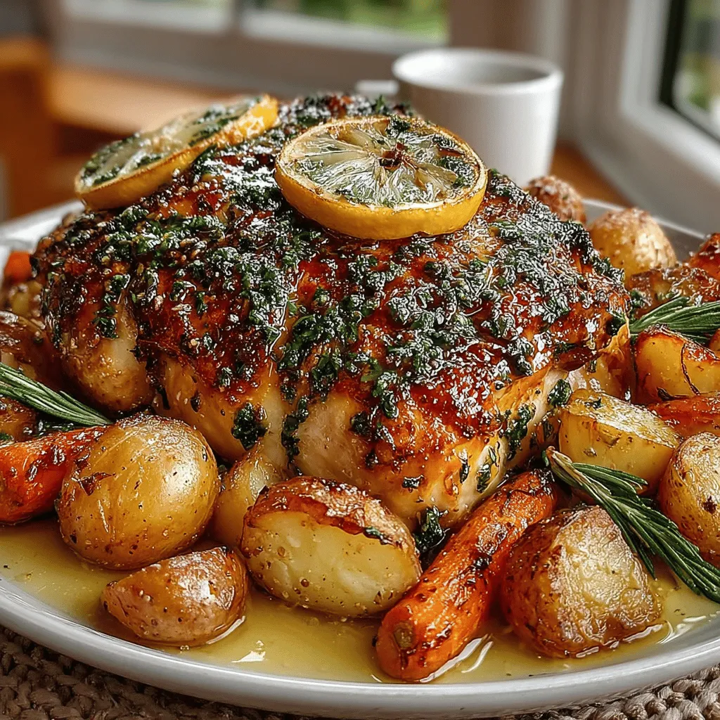 - 1 whole chicken (about 4-5 pounds) - 1/4 cup olive oil - 2 tablespoons fresh rosemary, chopped - 2 tablespoons fresh thyme, chopped - 2 tablespoons fresh parsley, chopped - 4 cloves garlic, minced - 1 lemon, zested and halved - 4 medium carrots, cut into chunks - 4 medium potatoes, quartered - 2 medium onions, quartered - Salt and pepper to taste