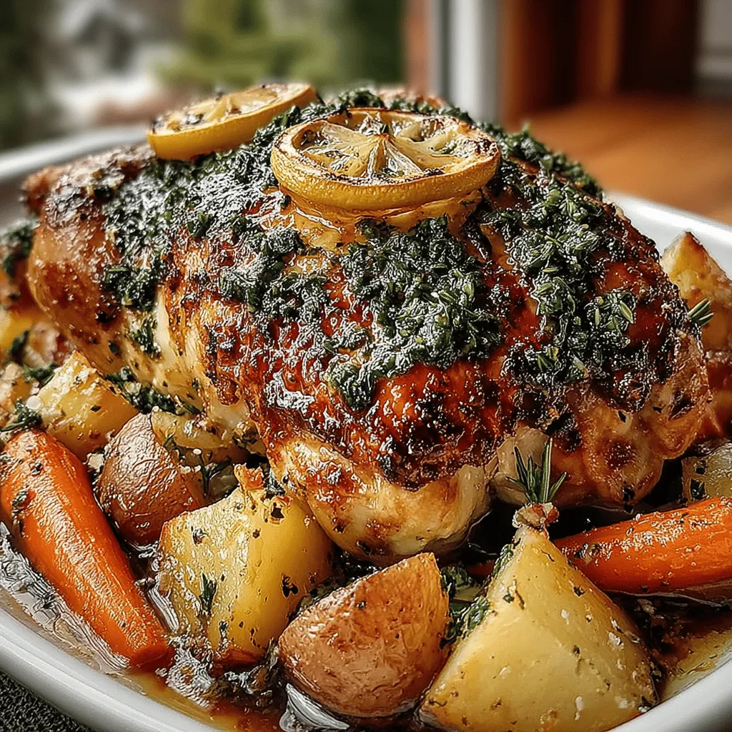 - 1 whole chicken (about 4-5 pounds) - 1/4 cup olive oil - 2 tablespoons fresh rosemary, chopped - 2 tablespoons fresh thyme, chopped - 2 tablespoons fresh parsley, chopped - 4 cloves garlic, minced - 1 lemon, zested and halved - 4 medium carrots, cut into chunks - 4 medium potatoes, quartered - 2 medium onions, quartered - Salt and pepper to taste